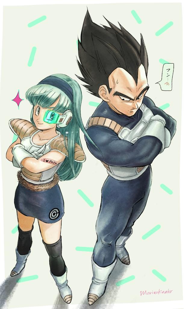 &gt;:) 1boy 1girl alternate_costume aqua_hair armor bangs black_eyes black_hair black_legwear blue_bodysuit blue_eyes blue_hairband blue_skirt blunt_bangs blush bodysuit boots bra_(dragon_ball) capsule_corp closed_mouth collarbone commentary_request crossed_arms dragon_ball dragonball_z father_and_daughter from_above frown full_body gloves grey_background hairband leg_warmers long_hair looking_at_another looking_back morinokinoko_db neck nervous older pencil_skirt saiyan scouter serious shadow shiny shiny_hair short_hair side-by-side simple_background skirt smile sparkle speech_bubble spiky_hair standing sticker sweatdrop tail translation_request twitter_username v v-shaped_eyebrows vegeta white_footwear white_gloves