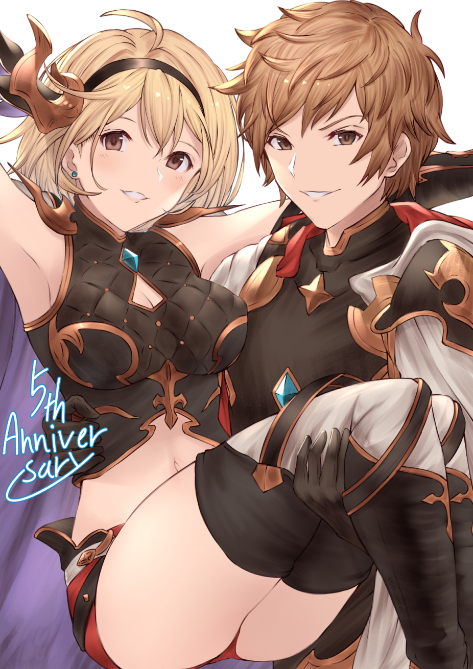 1boy 1girl bangs bare_shoulders blonde_hair blush breasts brown_eyes brown_hair cape crop_top djeeta_(granblue_fantasy) gran_(granblue_fantasy) granblue_fantasy haido_(ryuuno_kanzume) hair_ornament hairband highres looking_at_viewer medium_breasts navel parted_lips short_hair shorts simple_background smile thigh-highs thighs white_background