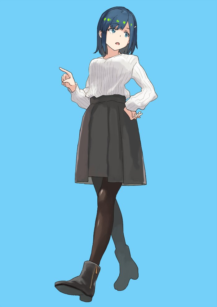 1girl :o black_footwear black_legwear black_skirt blue_background blue_eyes blue_hair eyebrows_visible_through_hair full_body hair_down hair_ornament hairpin hand_on_hip high-waist_skirt kantai_collection long_sleeves looking_to_the_side matsutani open_mouth pantyhose pointing ribbed_sweater simple_background skirt solo souryuu_(kantai_collection) standing sweater tareme white_sweater