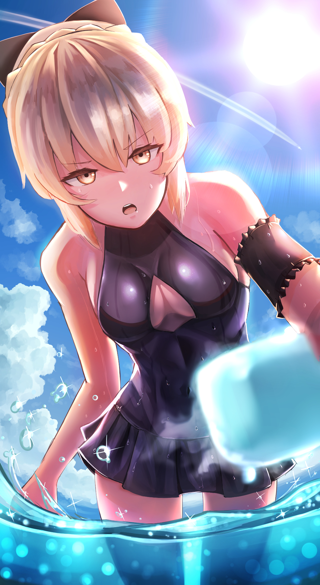 armband artoria_pendragon_(all) artoria_pendragon_(swimsuit_rider_alter) blonde_hair blue_skirt breasts cleavage clouds fate/grand_order fate_(series) foreshortening highres lens_flare looking_down medium_breasts open_mouth pasoputi saber_alter skirt sweat swimsuit swimsuit_skirt wading yellow_eyes