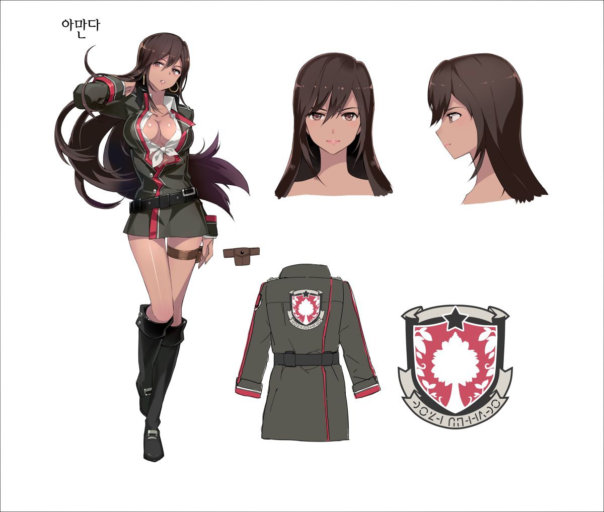 1girl amanda_(soul_worker) boots breasts brown_eyes brown_hair character_name character_sheet cleavage dark_skin dress front-tie_top knee_boots korean_text looking_at_viewer official_art shirt smile solo soul_worker tied_shirt