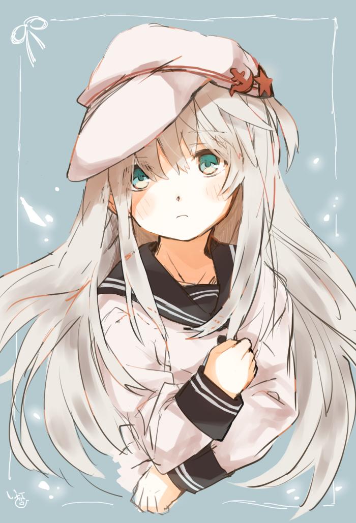 1girl aqua_background blue_eyes closed_mouth commentary flat_cap hammer_and_sickle hat hibiki_(kantai_collection) ina_(1813576) kantai_collection long_hair peaked_cap sailor_collar school_uniform serafuku signature silver_hair simple_background solo star verniy_(kantai_collection) white_hat