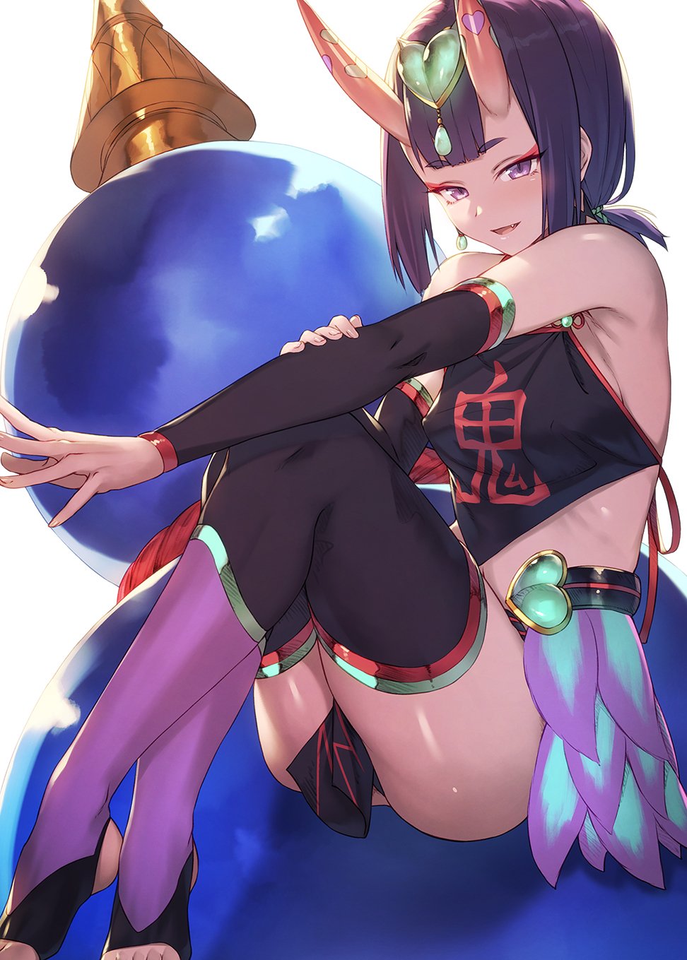 1girl ass bangs bare_shoulders black_legwear blush breasts chinese_clothes detached_sleeves dudou earrings eyeliner fang fate/grand_order fate_(series) forehead_jewel gourd headpiece heart highres horns ibuki_notsu jewelry knees_up legs looking_at_viewer low_twintails makeup oni oni_horns purple_hair short_eyebrows short_hair shuten_douji_(fate/grand_order) shuten_douji_(halloween_caster)_(fate) simple_background sitting slit_pupils smile solo thighs toeless_legwear twintails violet_eyes white_background