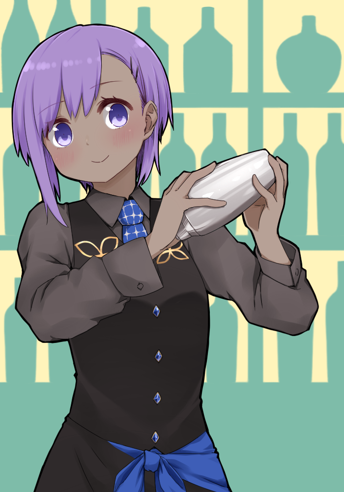 1girl bangs bartender black_skirt black_vest blue_bow blue_neckwear blush bow closed_mouth cocktail_shaker collared_shirt dark_skin eyebrows_visible_through_hair fate/prototype fate/prototype:_fragments_of_blue_and_silver fate_(series) grey_shirt hair_between_eyes hair_ornament hairclip hands_up hassan_of_serenity_(fate) head_tilt holding i.u.y long_sleeves necktie purple_hair shirt skirt smile solo vest violet_eyes