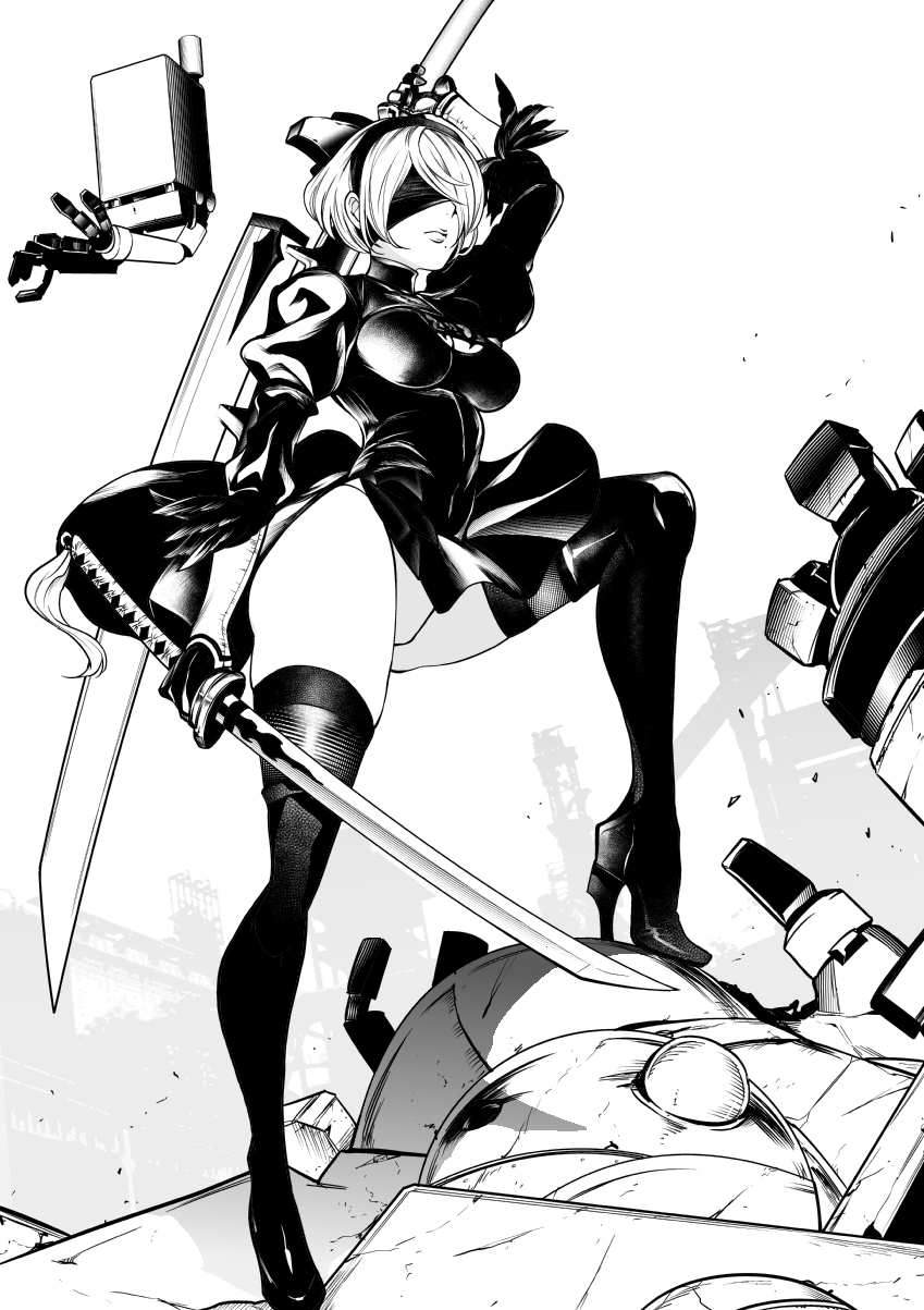 1girl asu_(asoras) blindfold boots breasts cleavage_cutout dual_wielding feather-trimmed_sleeves full_body greyscale hairband high_heel_boots high_heels highleg highleg_leotard highres holding katana leg_up leotard lips long_sleeves medium_breasts mole mole_under_mouth monochrome nier_(series) nier_automata pod_(nier_automata) short_hair standing sword tassel thigh-highs thigh_boots thighs weapon yorha_no._2_type_b