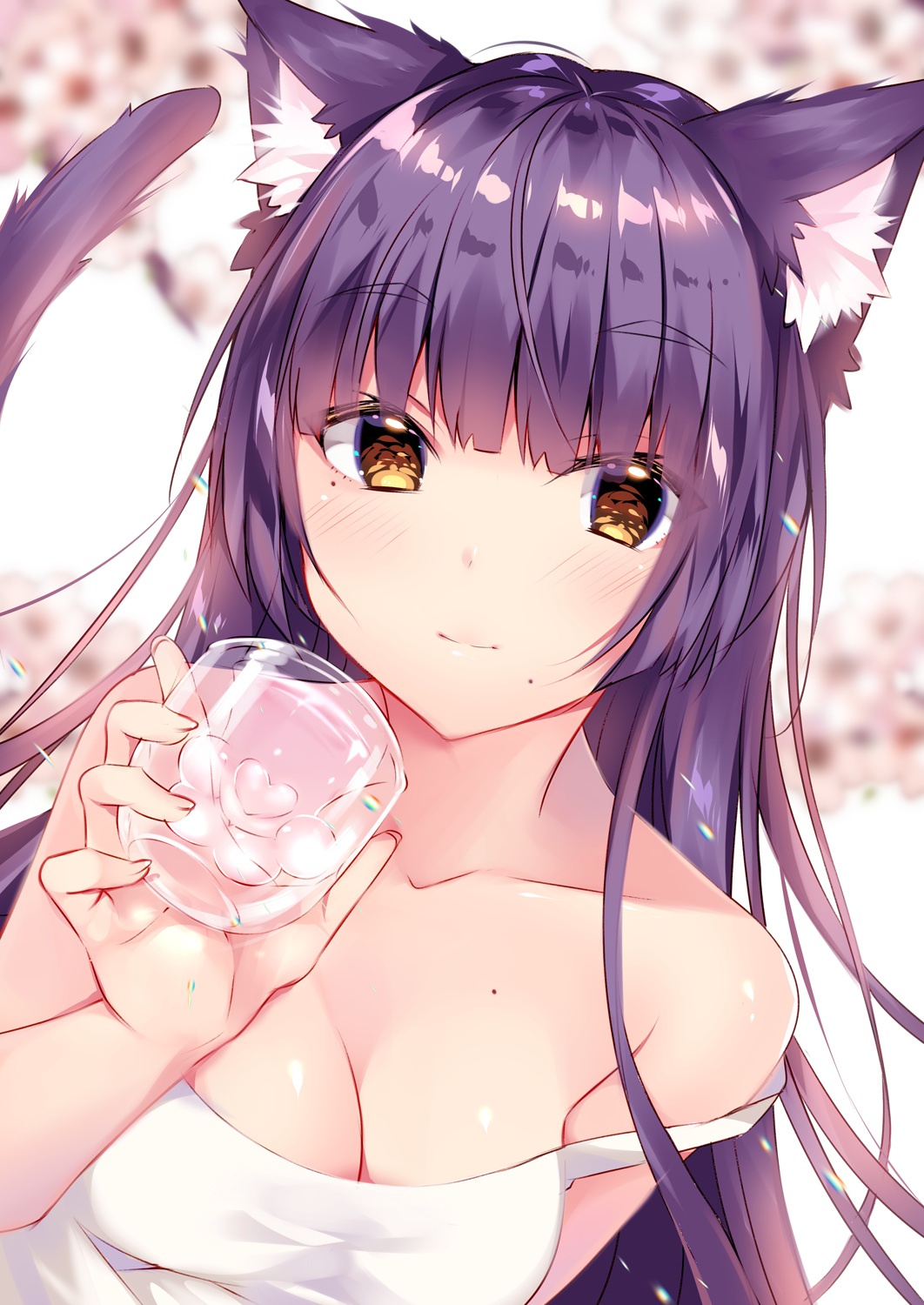 1girl animal_ear_fluff animal_ears bangs bare_shoulders blush breasts brown_eyes cat_ears cat_girl cat_tail cleavage closed_mouth collarbone commentary cup eyebrows_visible_through_hair hair_between_eyes highres holding holding_cup long_hair looking_at_viewer medium_breasts mole mole_on_breast mole_under_eye mole_under_mouth original purple_hair sleeveless smile solo tail thick_eyebrows usagihime