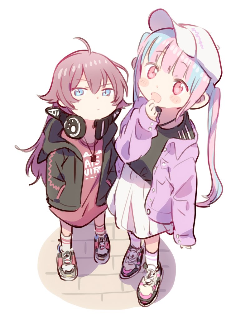 2girls ahoge aqua_hair bang_dream! baseball_cap blue_eyes blush cat_ear_headphones chu2_(bang_dream!) hands_in_pockets hat headphones headphones_around_neck hood hoodie jacket jewelry long_hair long_shirt looking_up multicolored_hair multiple_girls necklace open_mouth pareo_(bang_dream!) pink_eyes pink_hair purple_hair skirt taneda_yuuta twintails two-tone_hair white_background