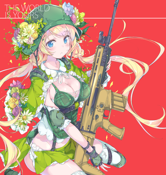 1girl bangs black_gloves blonde_hair blue_eyes blue_flower blue_rose blush body_armor braid breasts cleavage commentary commentary_request daisy elbow_pads english_commentary english_text eyebrows_visible_through_hair fingerless_gloves flower frilled_skirt frills gloves green_capelet green_hat hat hat_flower helmet holding knee_pads long_hair looking_at_viewer medium_skirt military miniskirt original parted_lips pleated_skirt pulp_piroshi purple_flower purple_rose red_background rose side_slit sitting skirt solo thigh-highs thigh_strap twintails wariza weapon_request white_legwear yellow_flower yellow_rose