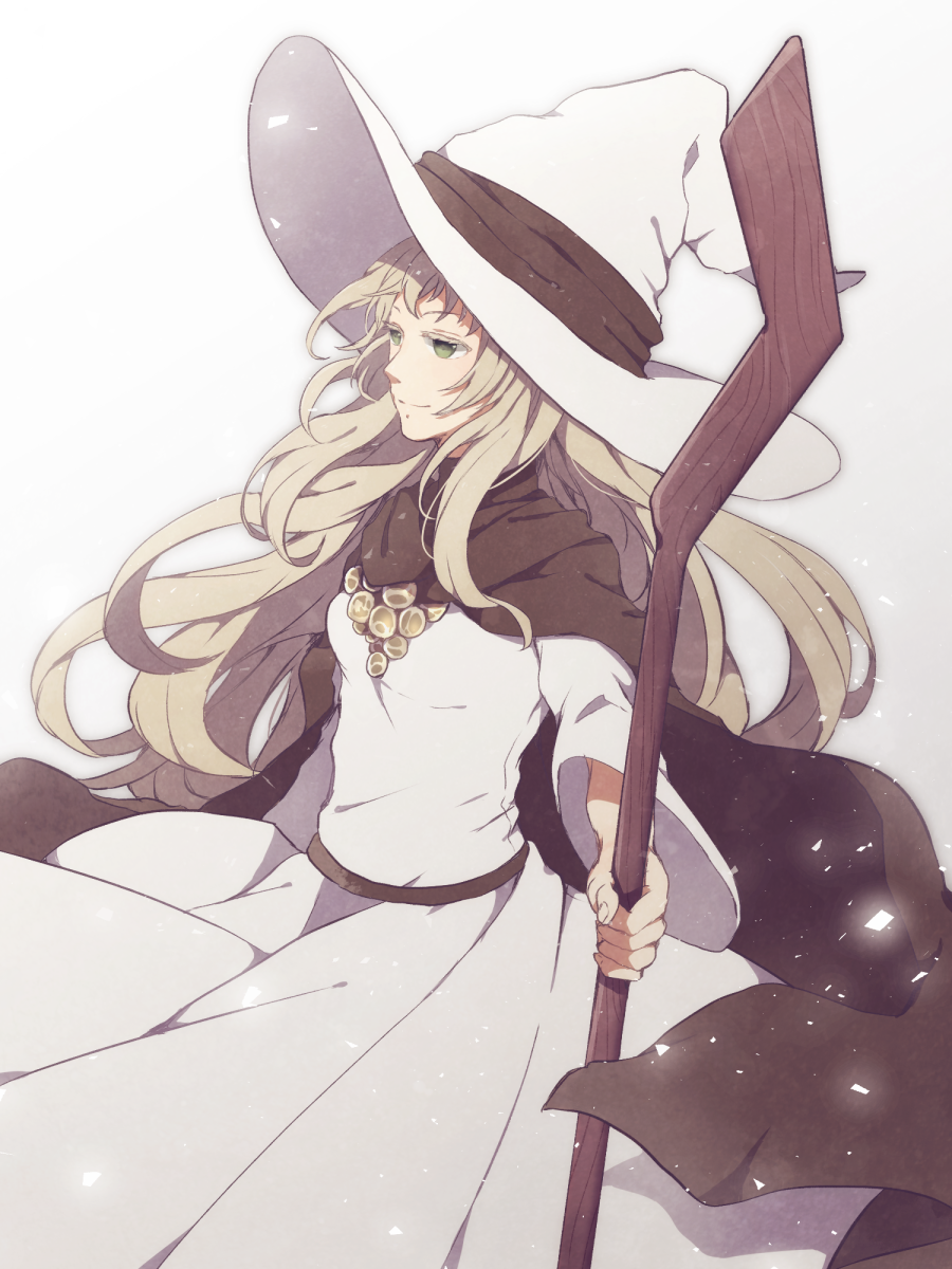 1girl blonde_hair brown_cape cape green_eyes hat hayakawaseli highres holding holding_staff long_hair miracera_master_of_the_magic_institute pixiv_fantasia_last_saga simple_background smile solo staff standing very_long_hair wavy_hair white_background white_hat white_robe wide_sleeves wizard_hat