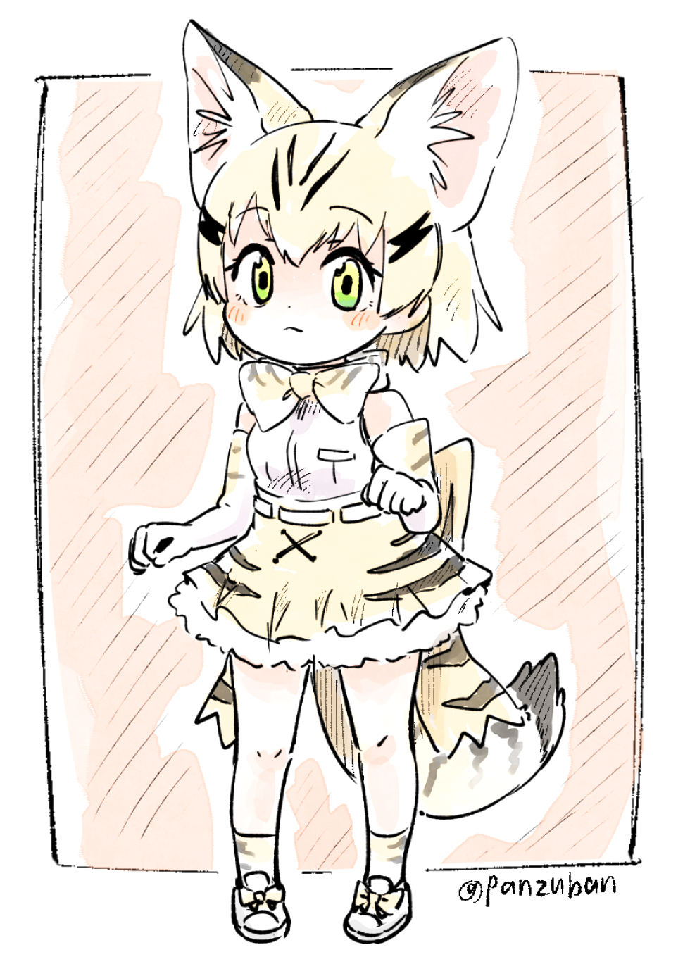 1girl :&lt; animal_ear_fluff animal_ears bare_shoulders blonde_hair blush bow bowtie cat_ears cat_tail commentary_request elbow_gloves extra_ears eyebrows_visible_through_hair full_body gloves green_eyes high-waist_skirt highres kemono_friends looking_at_viewer panzuban paw_pose print_gloves print_legwear print_neckwear print_skirt sand_cat_(kemono_friends) sand_cat_print shirt short_hair skirt sleeveless sleeveless_shirt socks solo tail white_shirt