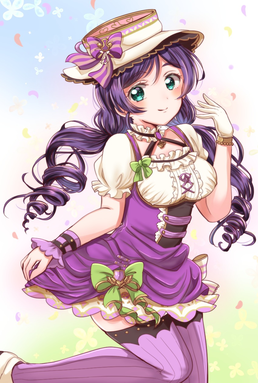 1girl aqua_eyes blush bow center_frills commentary_request curly_hair dress eneco frilled_sleeves frills gloves green_bow hat hat_ribbon highres long_hair looking_at_viewer love_live! love_live!_school_idol_festival love_live!_school_idol_project petals pinafore_dress purple_dress purple_hair purple_legwear purple_ribbon ribbon shirt short_sleeves single_glove single_wrist_cuff skirt_hold smile solo striped striped_bow striped_legwear striped_ribbon thigh-highs toujou_nozomi twintails vertical-striped_legwear vertical_stripes white_gloves white_shirt wrist_cuffs