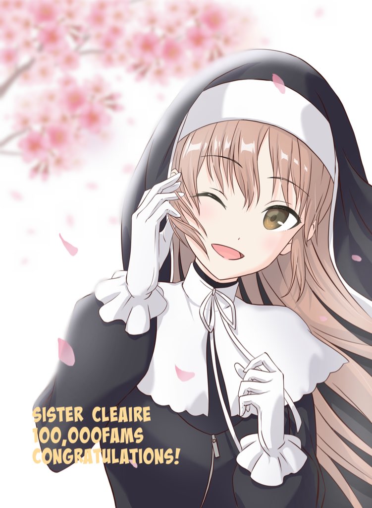 1girl bangs blush brown_eyes cherry_blossoms commentary congratulations eyebrows_visible_through_hair gloves habit hashiguchi_hayato light_brown_hair long_hair long_sleeves looking_to_the_side nijisanji nun one_eye_closed open_mouth outdoors sister_cleaire smile solo upper_body virtual_youtuber white_background white_gloves wind