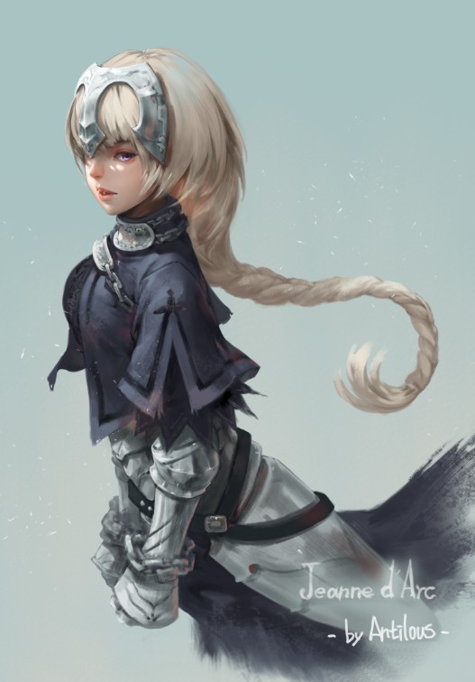 1girl antilous armor armored_dress artist_name blonde_hair braid chains character_name cropped_torso fate/grand_order fate_(series) gauntlets grey_background headpiece jeanne_d'arc_(fate) jeanne_d'arc_(fate)_(all) lips long_braid long_hair looking_at_viewer looking_to_the_side nose parted_lips simple_background single_braid solo upper_body violet_eyes