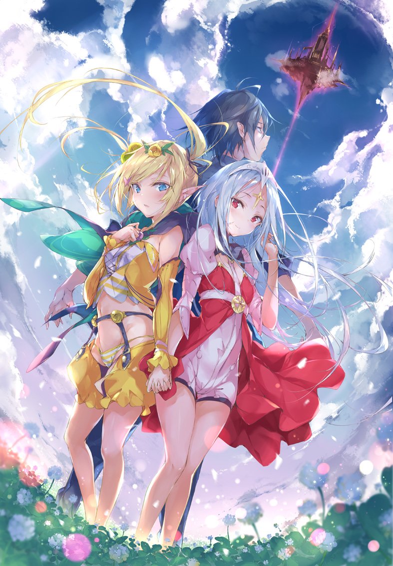 1boy 2girls back-to-back black_hair black_ribbon blonde_hair blue_eyes blue_hair blue_sky blush castle clouds cloudy_sky day detached_sleeves dress elf floating_island flower frilled_sleeves frills groin hair_flower hair_ornament hair_ribbon hand_holding hand_in_hair hand_on_own_chest juliet_sleeves lens_flare light_frown light_particles long_hair long_sleeves looking_at_viewer multiple_girls navel open_mouth original outdoors petals plant pointy_ears puffy_sleeves pulp_piroshi red_dress red_eyes ribbon shirt short_dress short_jumpsuit shorts sky sleeveless sleeveless_shirt standing striped_bikini_bottom tiara twintails wind yellow_bikini_bottom yellow_shirt yellow_shorts yellow_sleeves