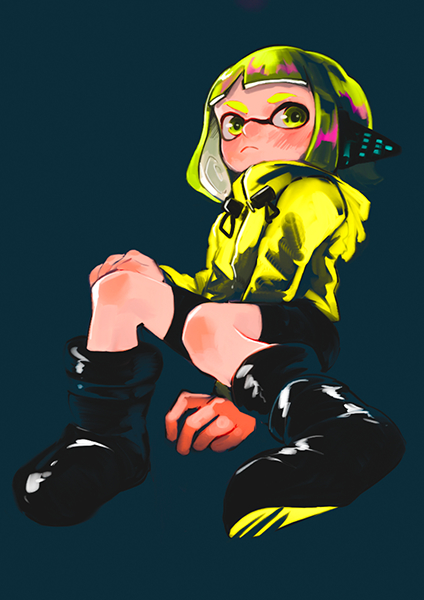 1girl between_legs bike_shorts black_footwear blue_background boots closed_mouth domino_mask frown full_body green_eyes green_hair hand_between_legs hand_on_own_knee headgear inkling long_sleeves mask shioaji_(siolog) short_hair solo splatoon splatoon_(series) splatoon_2 squidbeak_splatoon suction_cups tentacle_hair