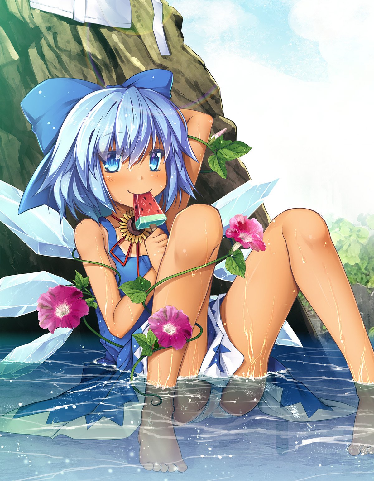 1girl arm_behind_head arm_up bangs bare_arms bare_legs bare_shoulders barefoot blue_bow blue_dress blue_eyes blue_hair blue_sky blush bow chima_q choker cirno clouds commentary_request day dress eyebrows_visible_through_hair feet_out_of_frame flat_chest flower food hair_between_eyes hair_bow highres holding holding_food ice ice_wings knees_up leaf looking_at_viewer outdoors panties pantyshot pantyshot_(sitting) partially_submerged pinafore_dress pink_flower plant popsicle red_choker red_ribbon ribbon ribbon_choker rock shirt shirt_removed short_hair sitting sky sleeveless sleeveless_dress smile solo sunflower tan tanline tanned_cirno thighs touhou underwear vines water watermelon_bar wet white_panties white_shirt wings