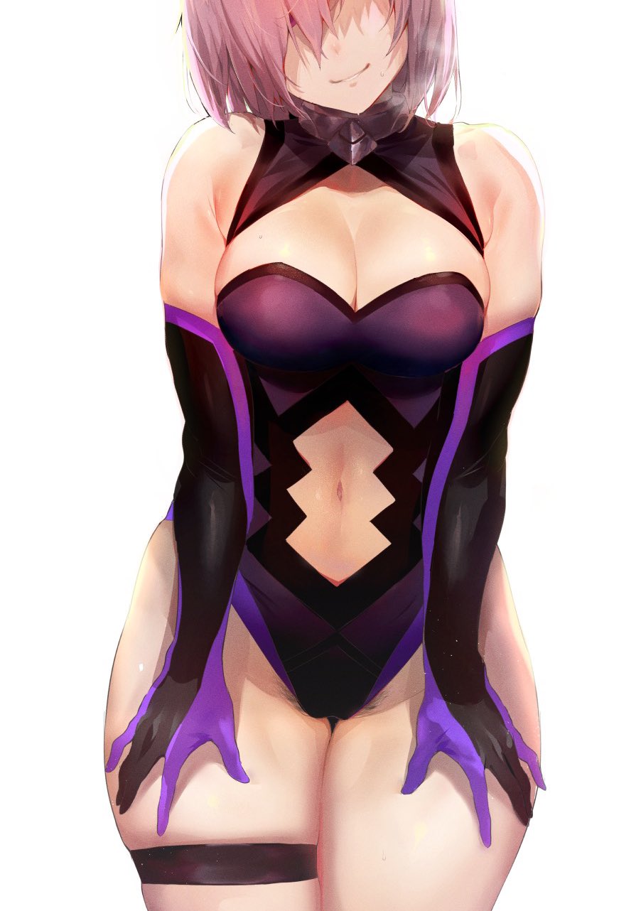 1girl armor armored_dress bangs bare_shoulders breasts cleavage commentary_request detached_collar elbow_gloves fate/grand_order fate_(series) gloves grin hair_over_one_eye hands_on_own_thighs highres iku_(ikuchan_kaoru) large_breasts lavender_hair leotard mash_kyrielight navel navel_cutout out_of_frame purple_gloves purple_hair purple_leotard short_hair smile thigh_strap thighs