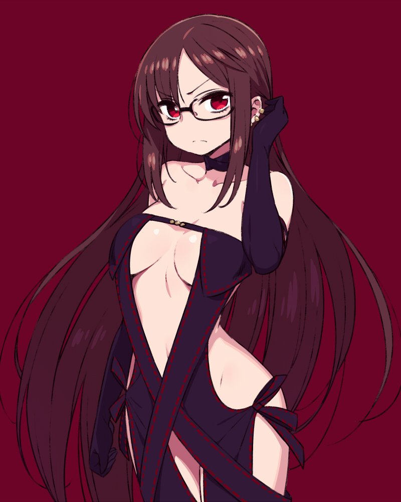 1girl asymmetrical_bangs bangs breasts brown_hair chan_co consort_yu_(fate) elbow_gloves fate/grand_order fate_(series) glasses gloves groin hip_focus long_hair medium_breasts multiple_piercings navel red_eyes semi-rimless_eyewear solo thighs