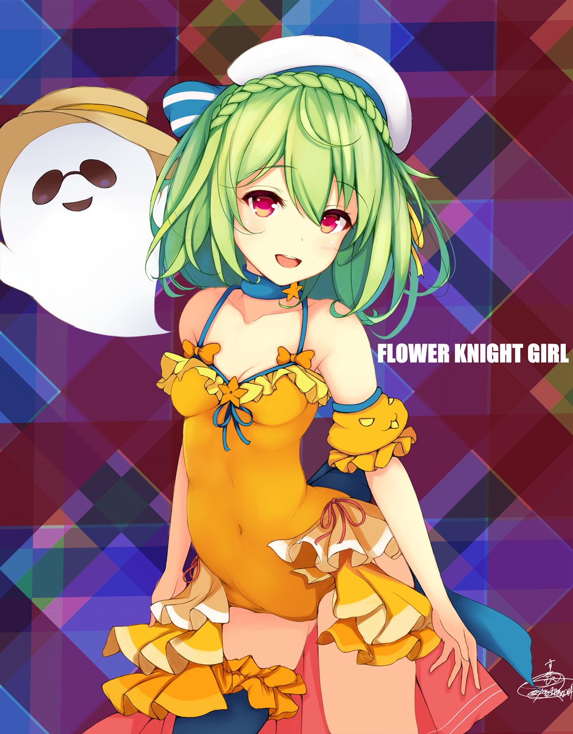 1girl :d abstract_background black_legwear blue_neckwear braid choker covered_navel cowboy_shot crown_braid detached_sleeves flower_knight_girl frills ghost green_hair hat highres looking_at_viewer multicolored multicolored_background open_mouth orange_sleeves orange_swimsuit pepo_(flower_knight_girl) red_eyes sailor_hat short_hair single_thighhigh smile solo standing sun_hat suzume_(simple0091) swimsuit thigh-highs white_hat