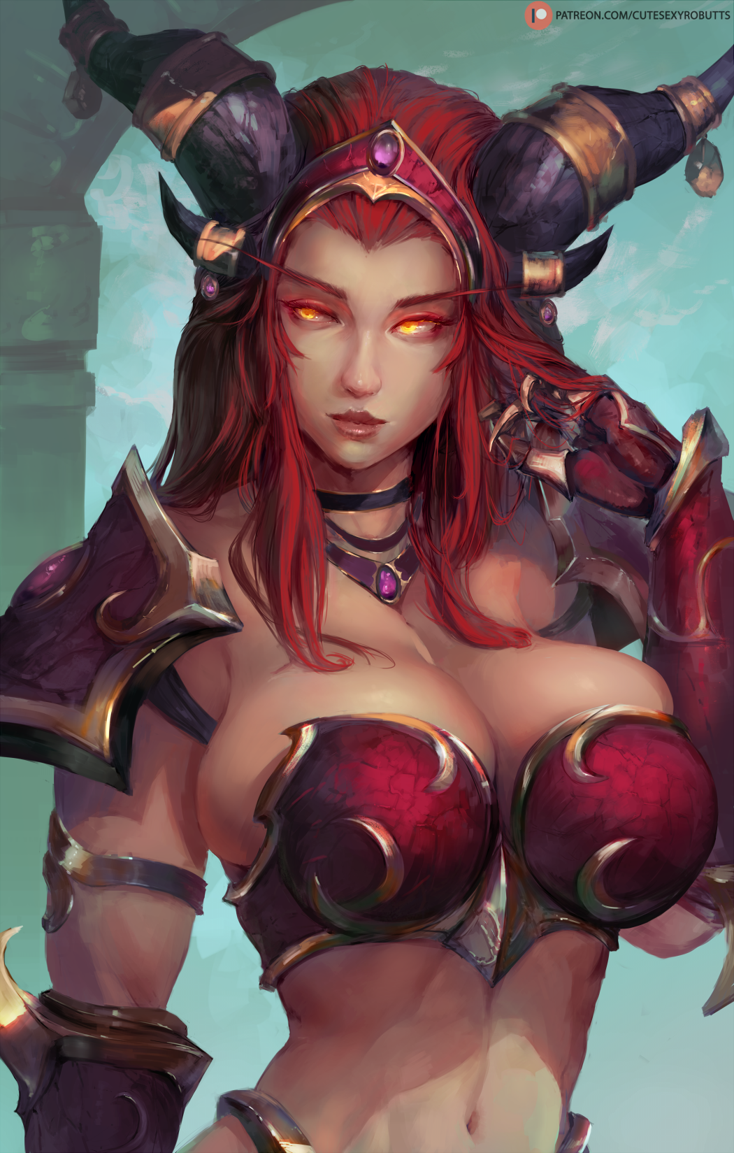 1girl alexstrasza breasts cleavage commentary_request cutesexyrobutts eyebrows_visible_through_hair glowing glowing_eyes hand_in_hair highres horn_ornament horns large_breasts long_eyebrows long_hair looking_at_viewer midriff navel orange_eyes redhead solo warcraft world_of_warcraft yellow_eyes