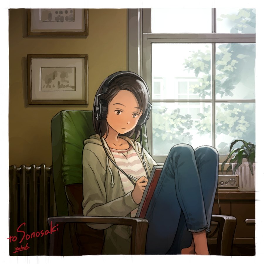 1girl armchair artist_name brown_eyes brown_hair chair closed_mouth collarbone day denim drawstring expressionless eyebrows frame headphones hood hood_down hoodie indoors jeans long_sleeves looking_away original pants photo_(object) plant potted_plant short_hair signature sitting solo tree window yoshida_seiji