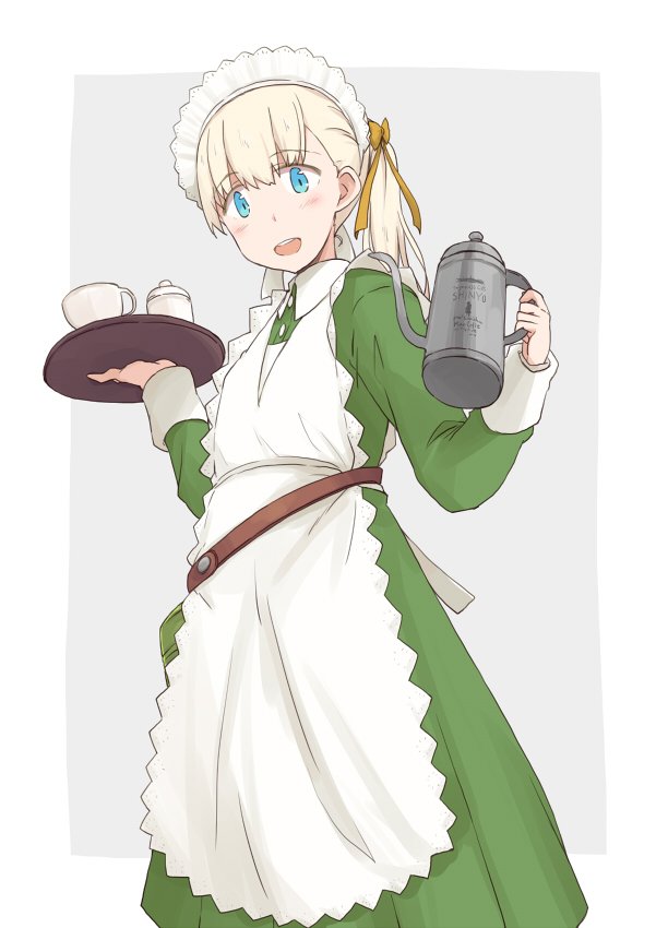 :d alternate_costume apron blonde_hair blue_eyes character_name cup dress enmaided eyebrows_visible_through_hair from_below green_dress hair_ribbon holding holding_pot holding_tray kantai_collection kettle kugui_kiyunemu long_hair looking_at_viewer maid maid_apron maid_headdress open_mouth orange_ribbon ribbon shin'you_(kantai_collection) side_ponytail simple_background smile teacup tray