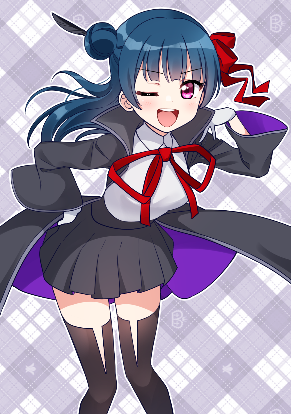 ;d argyle argyle_background bangs bb_(fate)_(all) bb_(fate/extra_ccc) bb_(fate/extra_ccc)_(cosplay) bb_(swimsuit_mooncancer)_(fate) black_feathers black_jacket black_skirt blue_hair cosplay deadnooodles fate/grand_order fate_(series) feathers gloves hair_feathers hair_ribbon hand_on_hip highres jacket long_hair long_sleeves love_live! love_live!_sunshine!! neck_ribbon one_eye_closed open_mouth outline red_neckwear red_ribbon ribbon shirt side_bun skirt smile thigh-highs tsushima_yoshiko v-shaped_eyebrows violet_eyes white_gloves white_outline white_shirt