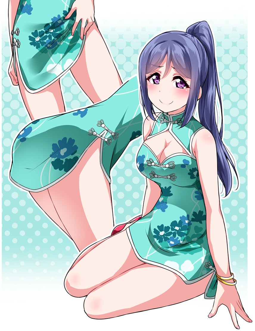 10s 1girl bangs bare_legs blue_dress blush bracelet breasts china_dress chinese_clothes cleavage cleavage_cutout dark_blue_hair dress floral_print gradient gradient_background high_ponytail jewelry long_hair looking_at_viewer love_live! love_live!_sunshine!! matsuura_kanan medium_breasts multiple_views polka_dot polka_dot_background ponytail red_footwear sidelocks skirt skirt_lift sleeveless smile violet_eyes yopparai_oni