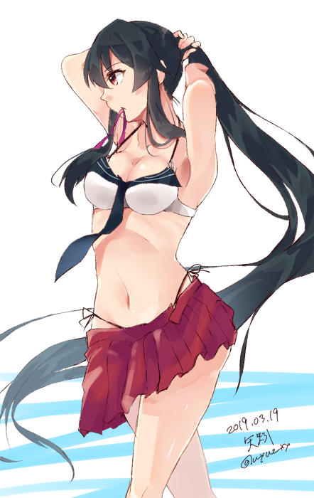 1girl adapted_costume arms_behind_head bikini black_hair black_neckwear breasts character_name cleavage commentary_request cowboy_shot dated kantai_collection long_hair medium_breasts mouth_hold necktie pleated_skirt ponytail profile red_skirt rubber_band side-tie_bikini skirt solo standing swimsuit twitter_username two-tone_bikini u_yuz_xx yahagi_(kantai_collection)