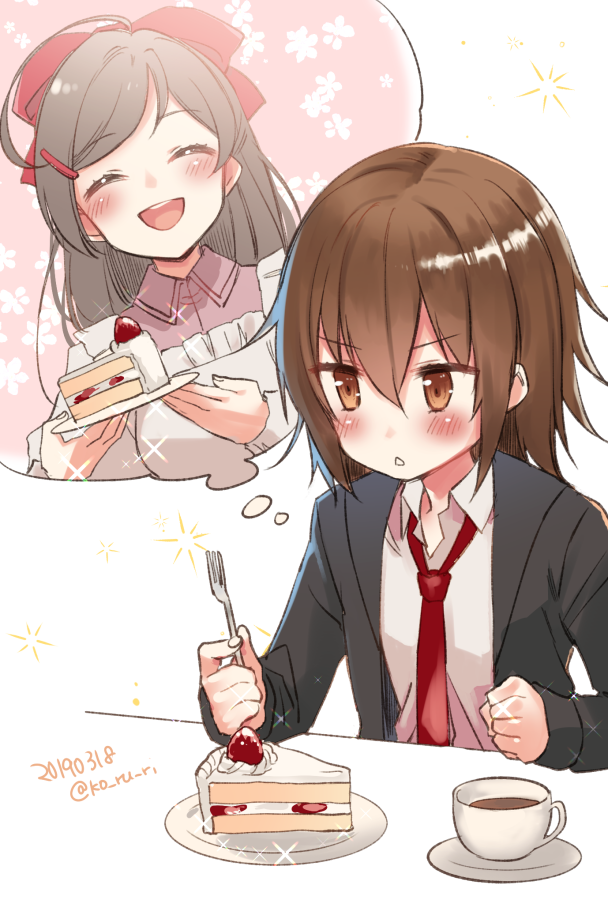 2girls blazer brown_eyes brown_hair cake chestnut_mouth coffee_mug cup dated food fork hair_bobbles hair_ornament hairclip imagining jacket kantai_collection kappougi koruri long_hair mamiya_(kantai_collection) mug multiple_girls necktie open_mouth red_neckwear round_teeth short_hair smile strawberry_shortcake table teacup teeth twitter_username upper_body upper_teeth wakaba_(kantai_collection)