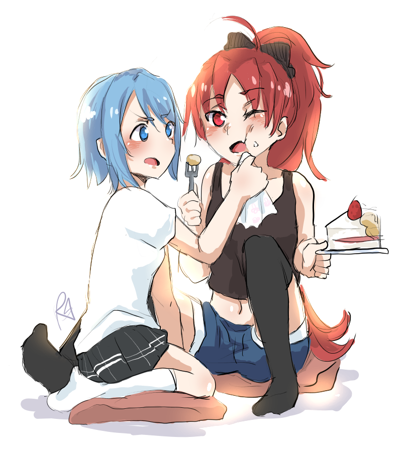 black_tank_top blue_eyes blue_hair blush cake cherry denim denim_shorts food food_on_face fork frown fruit lokiyoe mahou_shoujo_madoka_magica miki_sayaka miniskirt napkin one_eye_closed pillow red_eyes redhead sakura_kyouko shirt shorts signature skirt tank_top white_shirt wife_and_wife wiping_mouth yuri