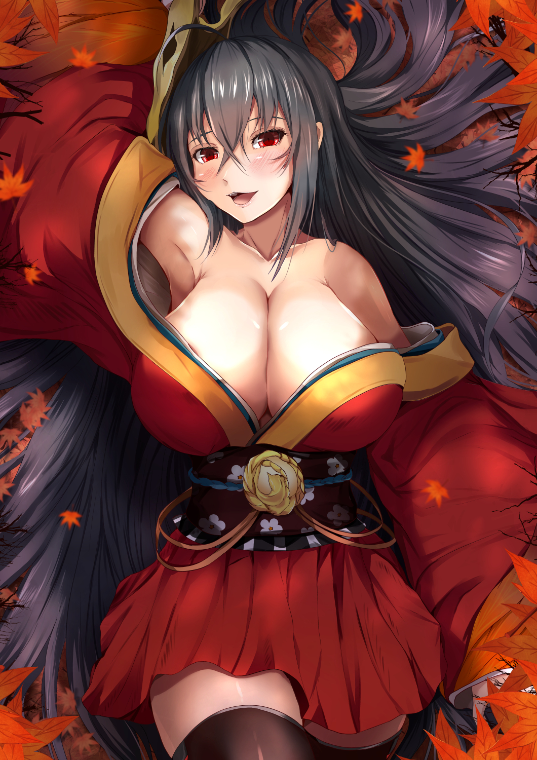 1girl ahoge arm_behind_head armpits autumn_leaves azur_lane bangs bare_shoulders black_hair blush breasts cleavage collarbone crossed_bangs eyebrows_visible_through_hair hair_between_eyes highres huge_breasts japanese_clothes kanzaki_kureha kimono large_breasts long_hair looking_at_viewer lying mask mask_on_head obi off_shoulder on_back open_mouth red_eyes red_kimono sash sidelocks smile solo taihou_(azur_lane) twintails very_long_hair