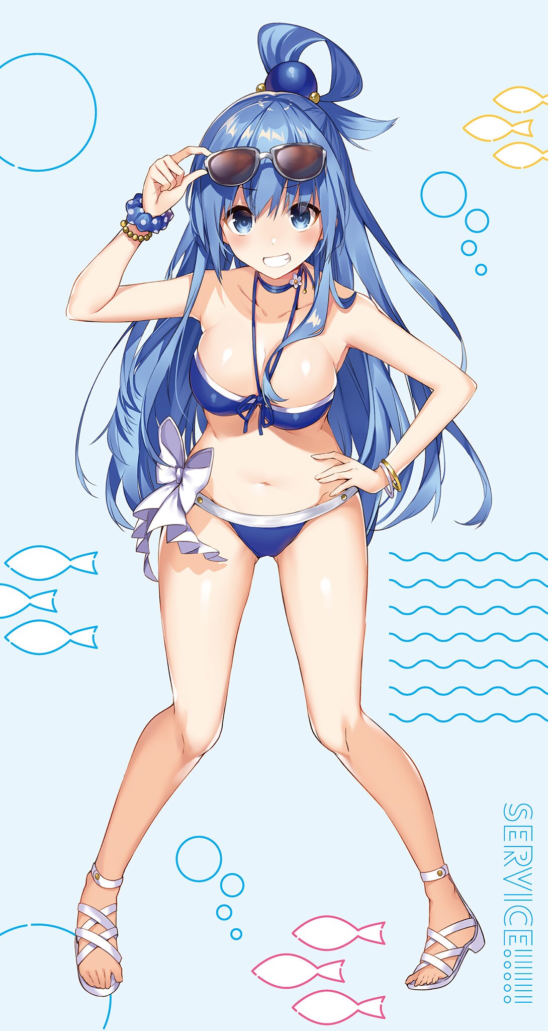 1girl aqua_(konosuba) bikini blue_background blue_bikini blue_eyes blue_hair blue_ribbon bow bracelet breasts choker cleavage collarbone dish eyebrows_visible_through_hair eyewear_on_head full_body grey-framed_eyewear hair_between_eyes hair_ornament halterneck hand_on_hip highres jewelry kono_subarashii_sekai_ni_shukufuku_wo! leaning_forward long_hair looking_at_viewer medium_breasts mishima_kurone navel novel_illustration official_art ribbon ribbon_choker shiny shiny_hair shiny_skin solo standing sunglasses swimsuit tied_hair very_long_hair white_bow