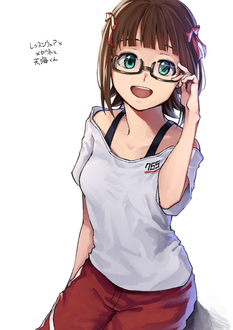 1girl amami_haruka bangs bare_arms bare_shoulders breasts brown_hair commentary_request eyebrows_visible_through_hair glasses green_eyes hair_ribbon hand_on_eyewear highres idolmaster kneeling looking_at_viewer off-shoulder_shirt off_shoulder open_mouth red_ribbon red_shorts ribbon roivas shirt short_hair short_sleeves shorts simple_background small_breasts solo sportswear translation_request white_background white_shirt