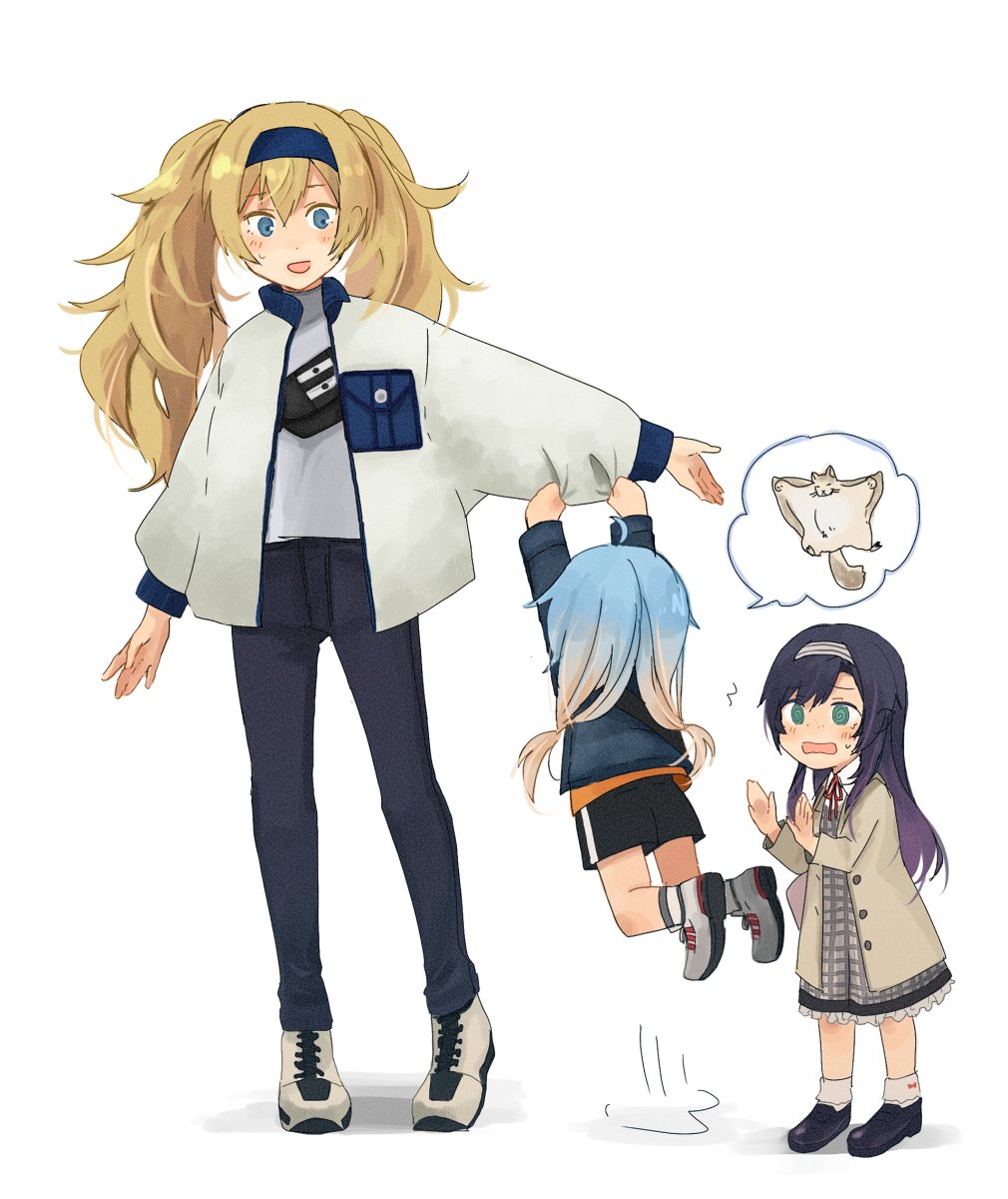 3girls alternate_costume annin_musou beige_coat black_hair black_pants black_shorts blonde_hair blue_eyes blue_hair blue_jacket dress flying_squirrel frilled_dress frills full_body gambier_bay_(kantai_collection) gradient_hair green_eyes hairband highres jacket jumping kantai_collection long_hair matsuwa_(kantai_collection) multicolored_hair multiple_girls open_mouth pants plaid plaid_dress purple_hair sado_(kantai_collection) shoes shorts simple_background sneakers squirrel standing twintails white_background white_footwear white_jacket