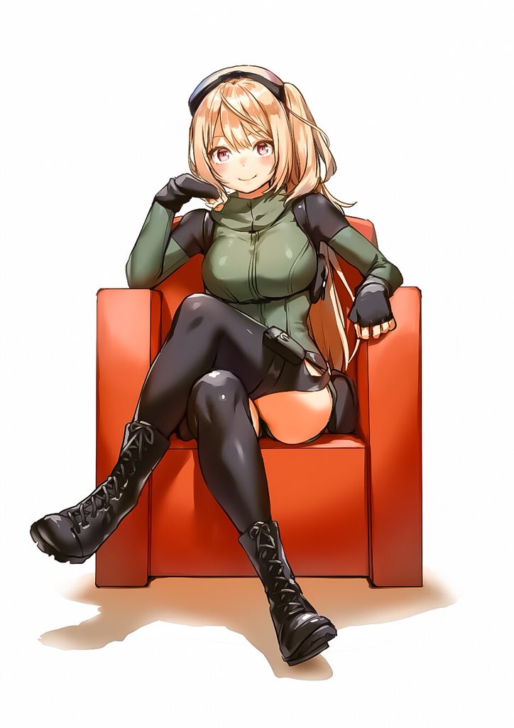 1girl akiyama_youkou ankle_boots armchair black_footwear black_gloves black_legwear blonde_hair blush boots breasts chair closed_mouth cross-laced_footwear fingerless_gloves full_body gloves goggles goggles_on_head lace-up_boots large_breasts legs_crossed long_hair long_sleeves looking_at_viewer pink_eyes pouch saguri-chan_tankentai shinobima_saguri side_ponytail simple_background sitting smile solo thigh-highs white_background