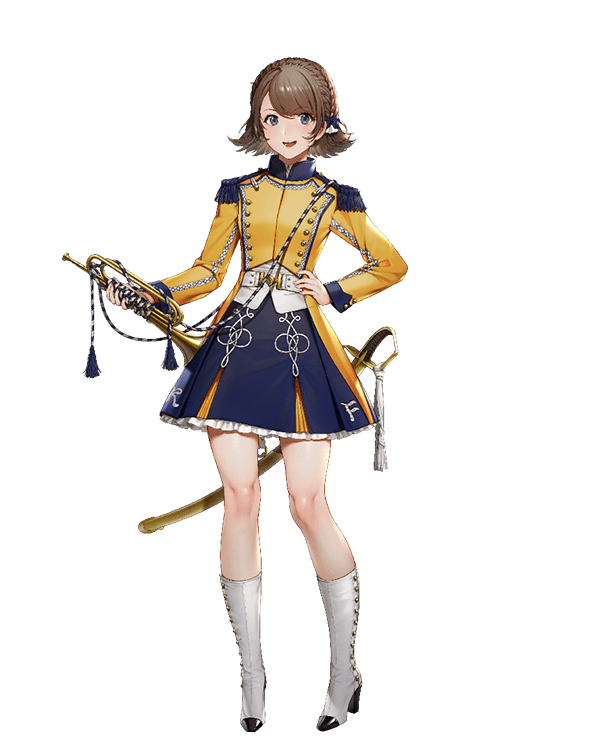 1girl :d blue_bow boots bow braid brown_hair dress epaulettes eugene_caron eyebrows_visible_through_hair full_body hair_bow hand_on_hip high_heel_boots high_heels instrument looking_at_viewer official_art open_mouth quuni scabbard scimitar seijo_senki sheath short_hair simple_background smile solo standing sword transparent_background trumpet violet_eyes weapon white_footwear yellow_dress