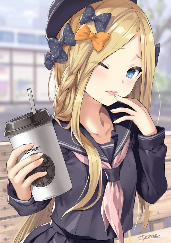 1girl abigail_williams_(fate/grand_order) alternate_costume bangs bench black_bow black_hat black_sailor_collar black_serafuku black_skirt blue_eyes blurry blurry_background blush bow braid coffee_cup collarbone commentary_request cup day depth_of_field disposable_cup drinking_straw fate/grand_order fate_(series) fingernails forehead hair_bow hat holding holding_cup long_hair looking_at_viewer neckerchief on_bench one_eye_closed orange_bow outdoors park_bench parted_bangs parted_lips pink_neckwear pleated_skirt polka_dot polka_dot_bow sailor_collar school_uniform serafuku signature skirt solo tyone very_long_hair