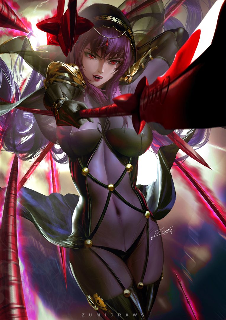 1girl artist_name bangs banned_artist bodysuit breasts covered_navel cowboy_shot eyebrows_visible_through_hair fate/grand_order fate_(series) gae_bolg hair_between_eyes holding holding_spear holding_weapon large_breasts long_hair looking_at_viewer open_mouth pauldrons polearm purple_bodysuit purple_hair red_eyes scathach_(fate)_(all) scathach_(fate/grand_order) sidelocks signature solo spear very_long_hair weapon zumi_(zumidraws)