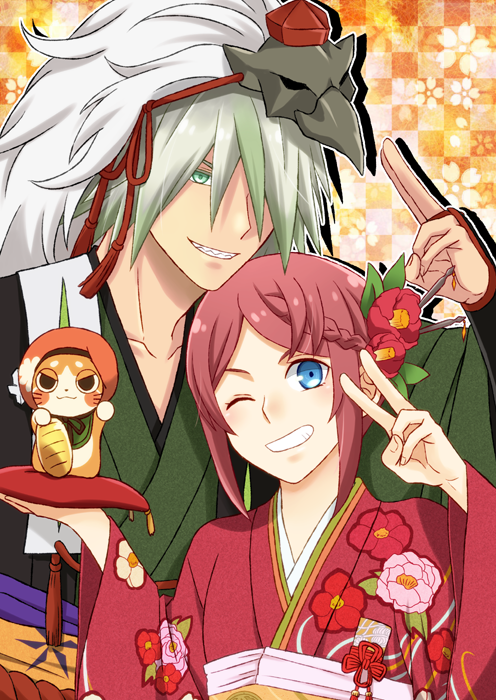 1boy 1girl bangs blue_eyes braid checkered checkered_background dezel_(tales) floral_print flower green_eyes green_hair green_kimono grin hair_flower hair_ornament hair_over_one_eye holding japanese_clothes kimono looking_at_viewer one_eye_closed parted_bangs print_kimono red_flower red_kimono redhead rose_(tales) saklo short_hair sidelocks silver_hair single_braid smile tales_of_(series) tales_of_zestiria v