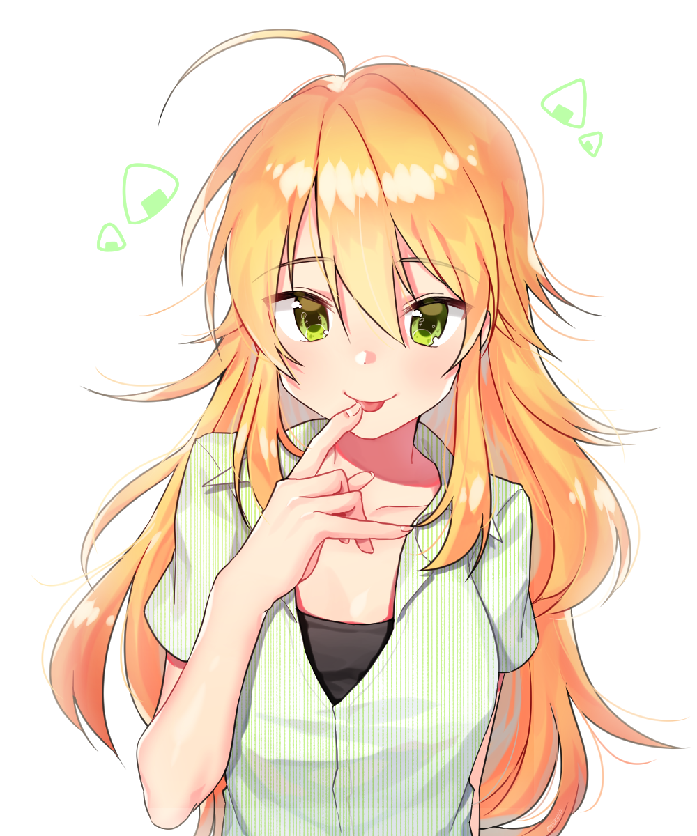 1girl ahoge arm_behind_back black_shirt blonde_hair breasts collarbone commentary_request dot_nose eyebrows_visible_through_hair finger_to_mouth green_eyes hair_between_eyes highres hoshii_miki idolmaster jacket long_hair looking_at_viewer medium_breasts messy_hair shirt short_sleeves smile solo taemin tongue tongue_out upper_body