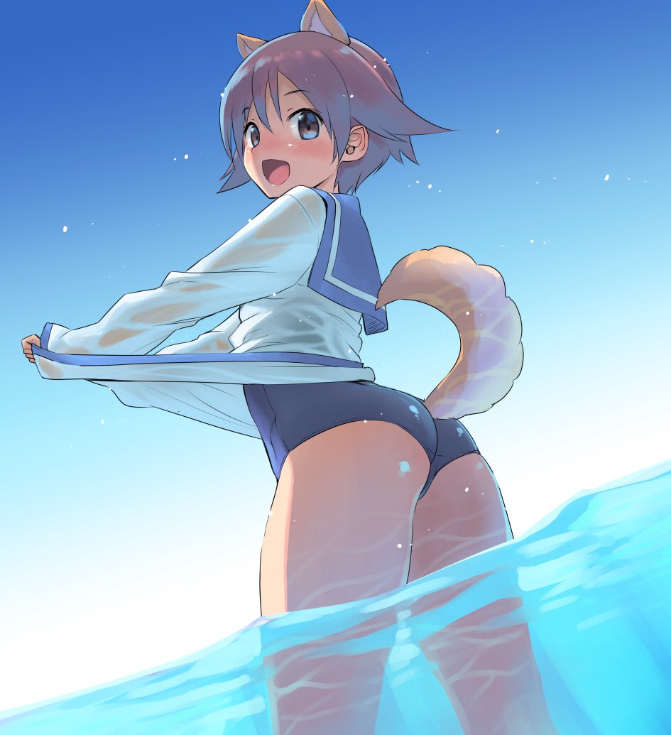 1girl animal_ears ass bangs blue_sky blue_swimsuit blush brown_eyes brown_hair commentary_request day dog_ears dog_tail eyebrows_visible_through_hair hair_between_eyes koume_keito long_sleeves looking_at_viewer miyafuji_yoshika no_pants ocean one-piece_swimsuit open_mouth outdoors partially_submerged sailor_collar school_swimsuit shirt shirt_tug short_hair sky smile solo standing strike_witches swimsuit swimsuit_under_clothes tail thighs wading water wet white_shirt world_witches_series