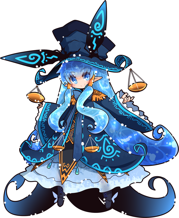 &gt;:) 1girl bangs black_footwear blue_dress blue_eyes blue_hair blue_hat blush boots closed_mouth cross-laced_footwear dress epaulettes eyebrows_visible_through_hair full_body hair_between_eyes hat lace-up_boots long_hair long_sleeves mori_no_kaeru original pointy_ears simple_background sleeves_past_wrists smile solo very_long_hair white_background wide_sleeves