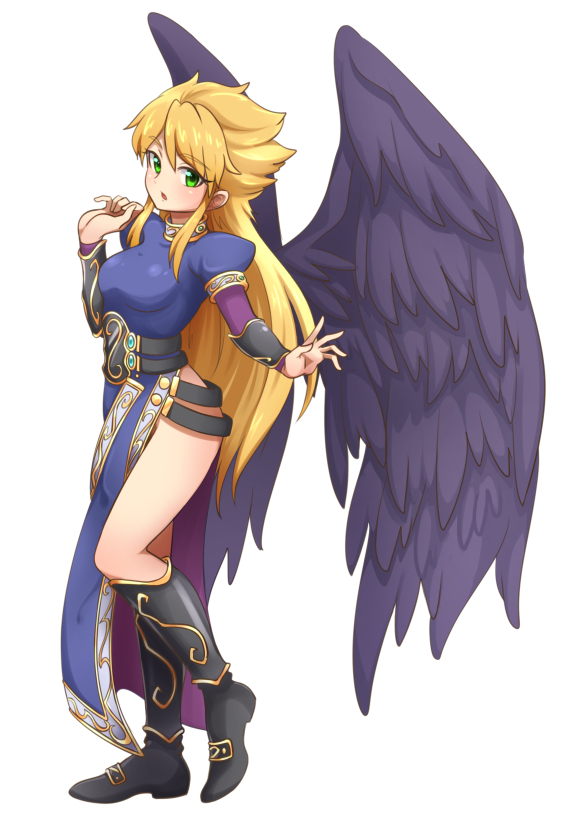 1girl angel_wings blonde_hair blush boots breasts breath_of_fire breath_of_fire_ii bridal_gauntlets commentary_request dress green_eyes hamburger_kitazawa knee_boots long_hair looking_at_viewer nina_(breath_of_fire_ii) open_mouth purple_wings side_slit simple_background solo white_background wings