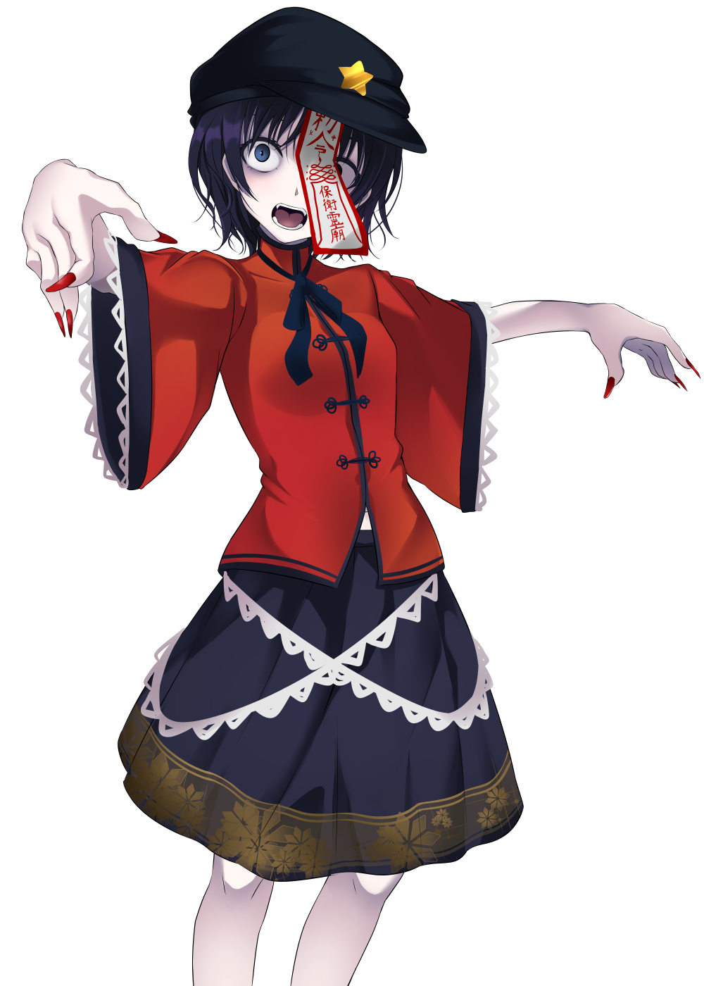 1girl bangs black_hair black_hat black_neckwear black_ribbon blue_eyes blue_skirt breasts cabbie_hat fangs feet_out_of_frame fingernails hat head_tilt highres jiangshi looking_at_viewer miyako_yoshika nail_polish neck_ribbon ofuda open_mouth outstretched_arms paburisiyasu pale_skin red_nails red_shirt ribbon sharp_fingernails shirt short_hair short_sleeves skirt small_breasts solo standing star touhou transparent_background wide_sleeves zombie_pose