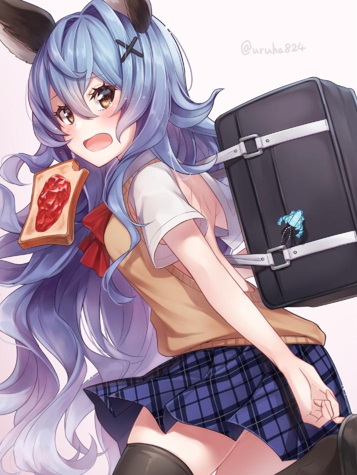 1girl blue_hair blush bread erune ferry_(granblue_fantasy) food granblue_fantasy jewelry long_hair looking_at_viewer neckerchief open_mouth pleated_skirt sailor_collar school_uniform serafuku shirt single_earring skirt skirt_lift solo uruha_(yw1109) wavy_hair yellow_eyes