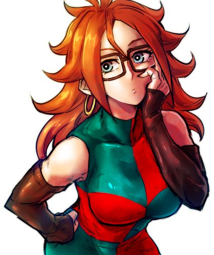 1girl android_21 arm_up black-framed_eyewear blue_eyes breasts brown_hair checkered checkered_dress clenched_hand closed_mouth collarbone commentary_request curly_hair detached_sleeves dragon_ball dragon_ball_fighterz dress earrings glasses hand_on_hip hand_on_own_cheek hoop_earrings jewelry long_hair looking_at_viewer lowres medium_breasts sleeveless sleeveless_dress solo st62svnexilf2p9 two-tone_dress upper_body very_long_hair