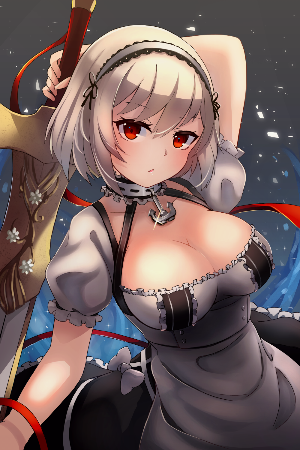 1girl anchor anchor_choker apron arm_behind_head arm_up azur_lane bangs black_choker black_dress blue_background breasts buttons choker cleavage cleavage_cutout collarbone dress eyebrows_visible_through_hair eyelashes frilled_choker frilled_dress frilled_hairband frills grey_background hairband highres holding holding_sword holding_weapon large_breasts looking_at_viewer maid maid_apron makeup miya_(pixiv15283026) parted_lips puffy_sleeves red_eyes red_ribbon ribbon short_hair short_sleeves simple_background sirius_(azur_lane) sword weapon white_apron white_hair white_ribbon
