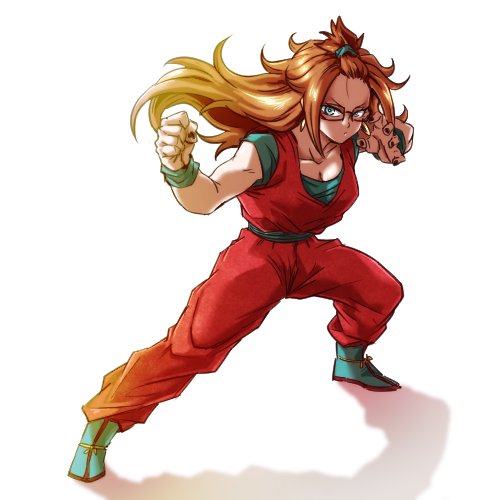 1girl android_21 black-framed_eyewear black_nails blue_eyes blue_shirt boots breasts brown_hair cleavage clenched_hand closed_mouth collarbone commentary_request cosplay curly_hair dougi dragon_ball dragon_ball_fighterz fighting_stance full_body glasses hair_ornament long_hair lowres medium_breasts nail_polish scrunchie shirt solo son_gokuu st62svnexilf2p9 very_long_hair