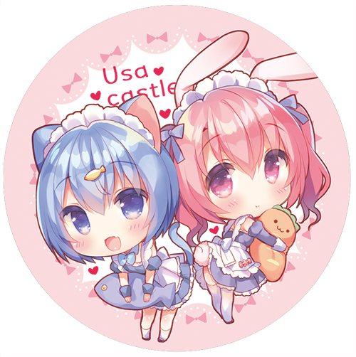 2girls :d animal_ears bangs blue_dress blue_eyes blue_hair blue_legwear blush bunny_girl bunny_tail cat_ears cat_girl cat_tail cherry_blossoms chibi closed_mouth dress eyebrows_visible_through_hair fang fish_hair_ornament hair_between_eyes hair_ornament heart long_hair maid_headdress multiple_girls object_hug onka open_mouth original pleated_dress rabbit_ears red_eyes redhead sakura_(usashiro_mani) smile socks standing stuffed_animal stuffed_carrot stuffed_fish stuffed_toy tail thigh-highs usashiro_mani white_legwear